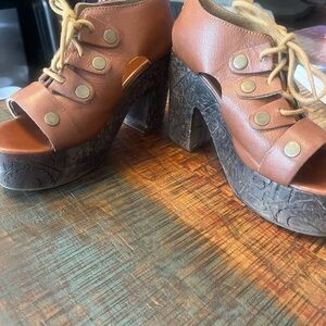 Free People Tan Lace-Up Platform Sandals